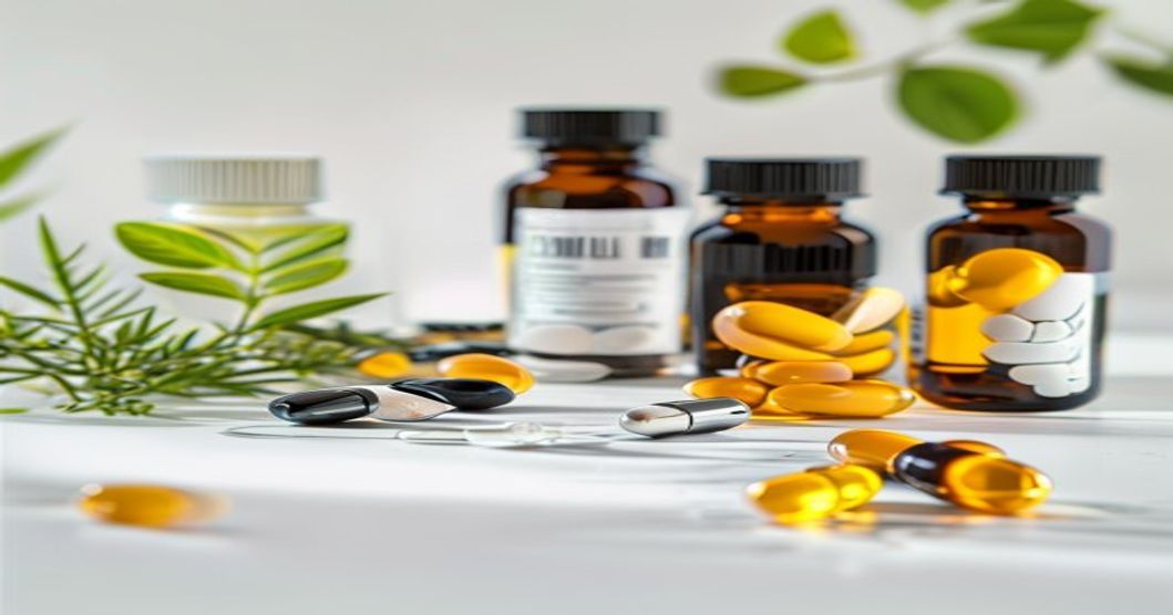 Assorted omega-3 supplement options including fish oil capsules, algae tablets, and plant-based supplements arranged on a clean white surface with water and whole foods