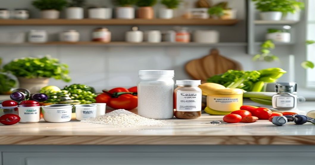 Selection of protein powder types displayed with shaker bottle and fitness accessories on a clean counter