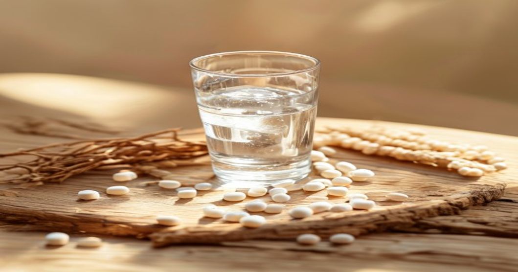 Best ashwagandha supplement for stress relief displayed with water glass and natural botanical elements in soft daylight