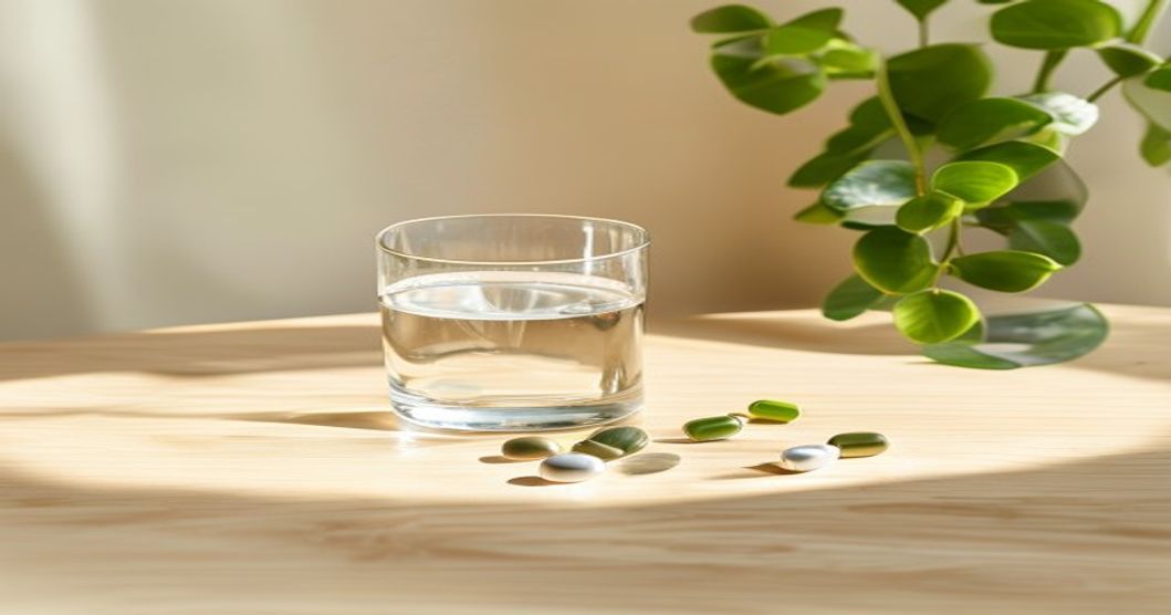 Best multivitamin for men 40-50 with joint support and energy for desk jobs displayed on a light wooden surface with water glass and greenery.