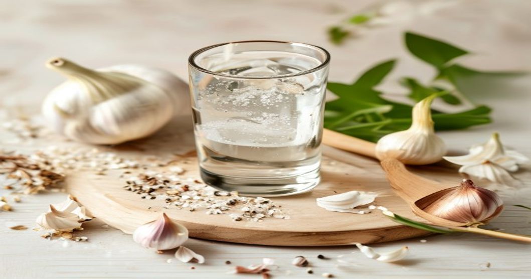 Garlic powder supplement with fresh garlic cloves, water glass, and natural wellness setup for digestive and immune support