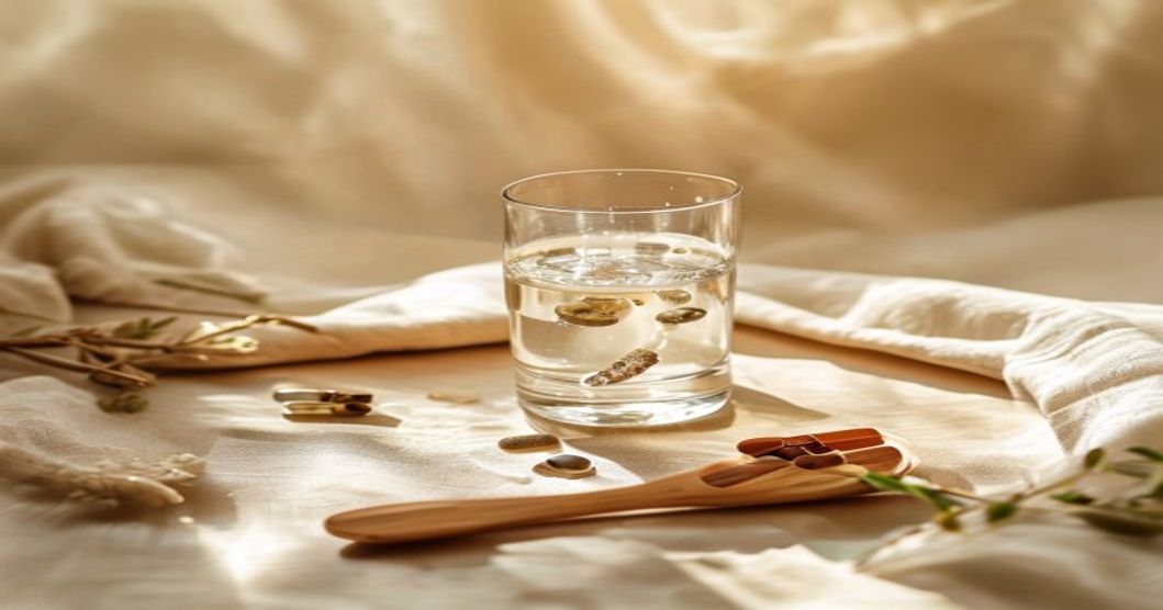 Natural allergy relief supplements and capsules arranged with water glass in soft natural light, representing antihistamine alternatives to cetirizine