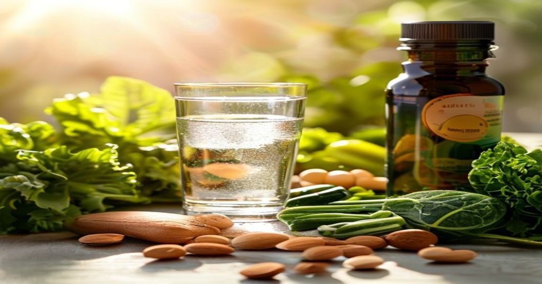 Vegetarian multivitamin capsules next to water glass and plant-based iron sources like spinach and lentils, representing iron and B12 supplementation for vegetarian men.