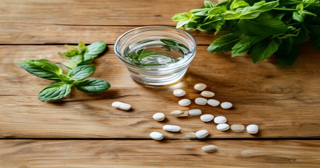 Best multivitamin for vegan women with B12 and iron supplements arranged with water and fresh herbs