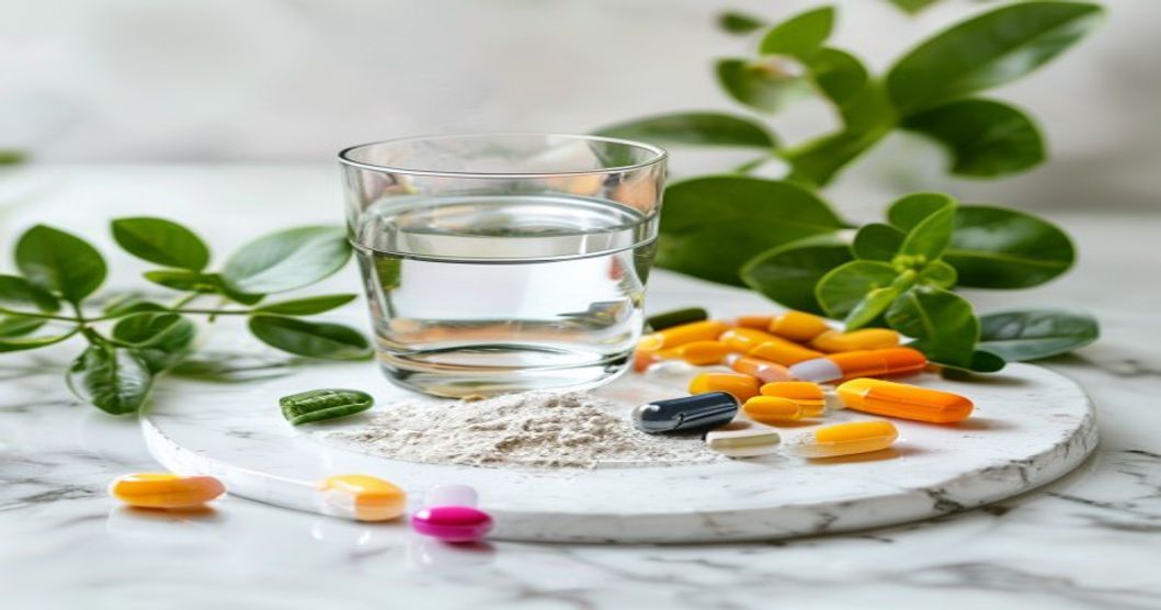 Best collagen supplement types and forms displayed with water and natural green wellness elements