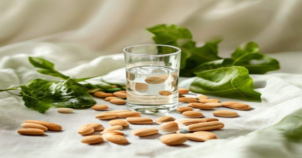 best magnesium supplement for sleep displayed as a wellness still life with water and natural foods