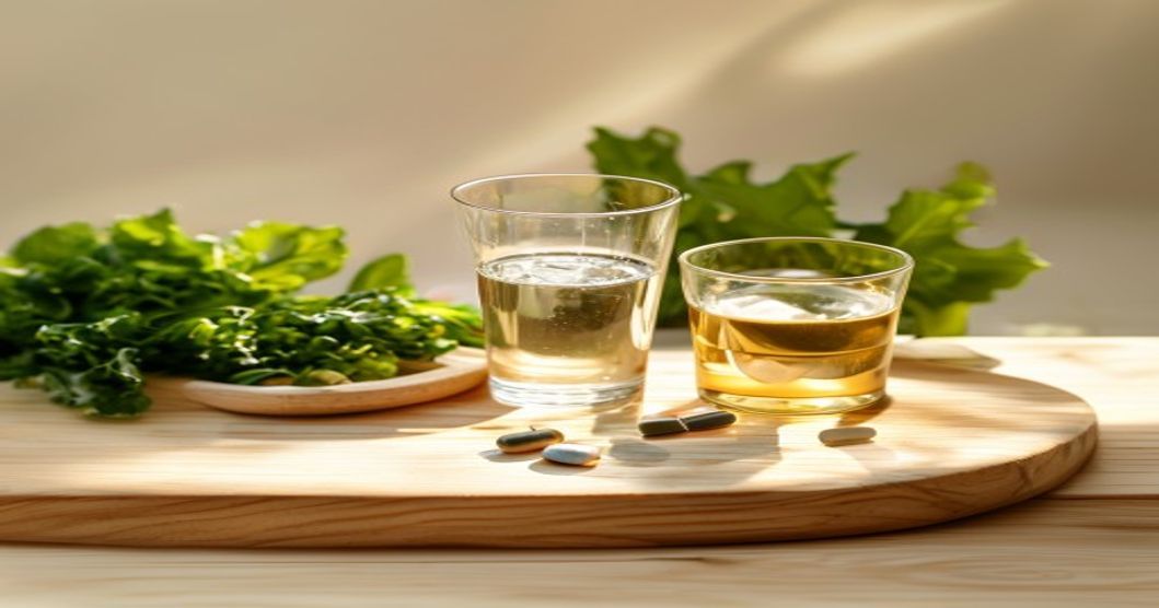Best vitamin D supplement for bone health: soft-lit wellness scene with D3 capsules, water glass, and greens