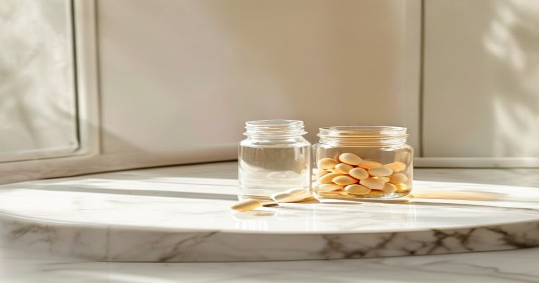 Best probiotics supplement for digestive health displayed in a clean wellness setting with water and herbs