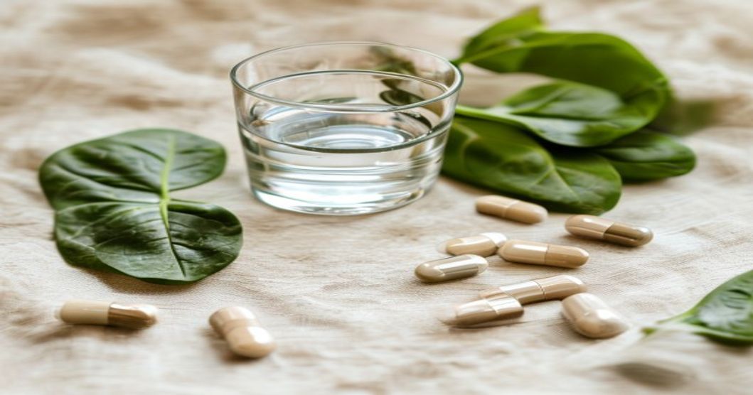 Best iron supplement for energy and anemia: supplements and water on a wellness flat lay