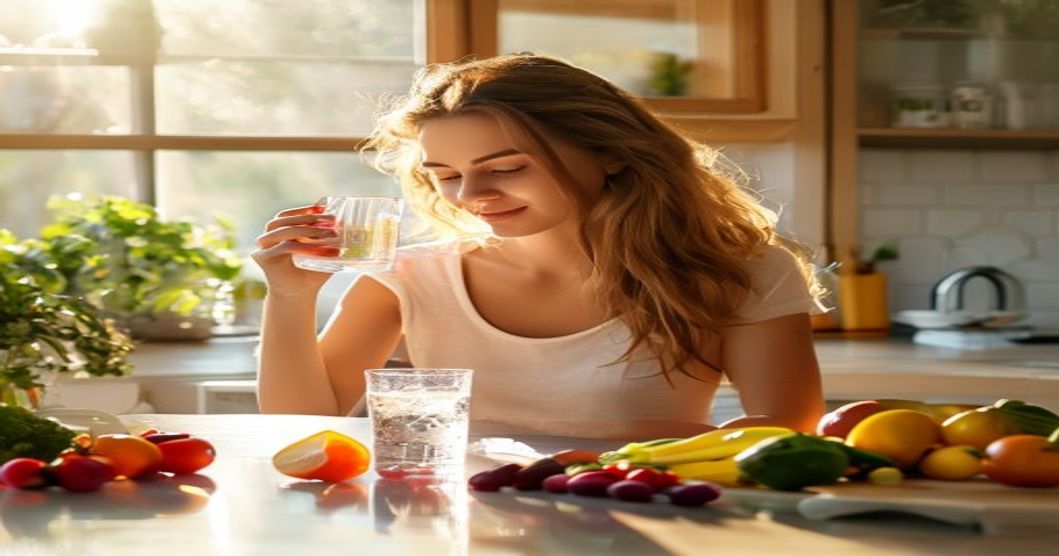 Woman taking a multivitamin supplement daily for energy and skin health