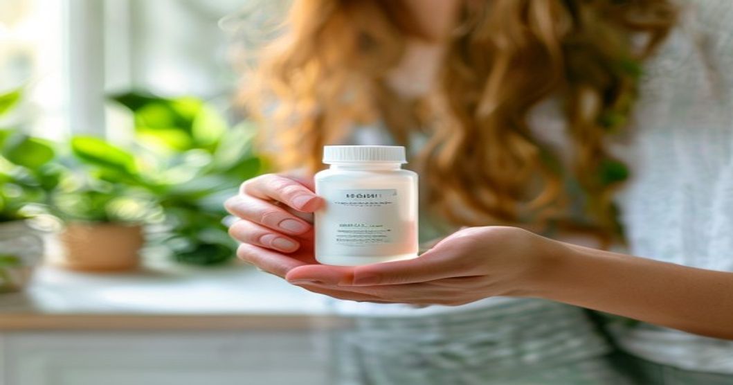 Postpartum woman choosing a multivitamin supplement for energy and hair health recovery