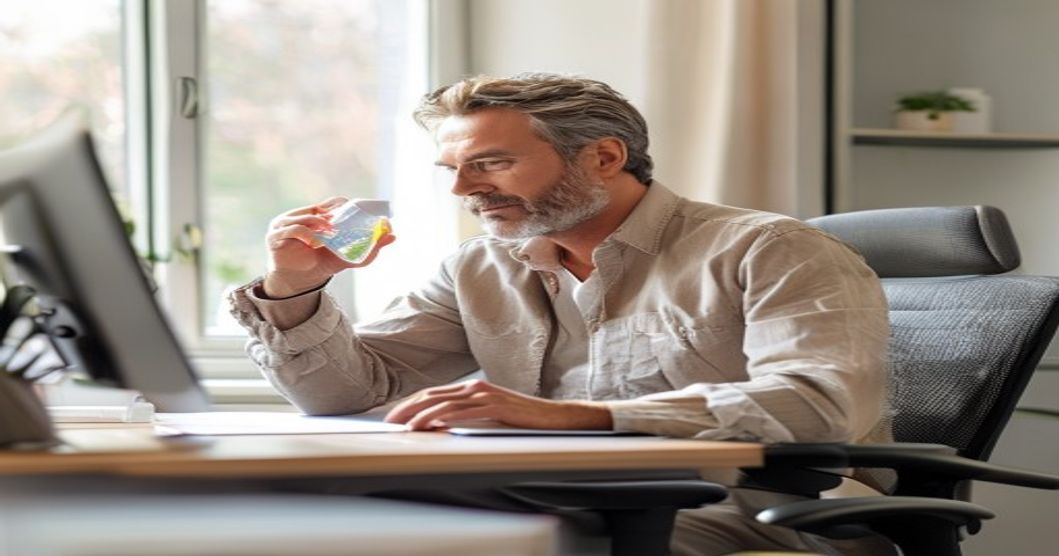 Man in 40s taking multivitamin supplement at desk with water glass, representing daily wellness routine for desk workers.