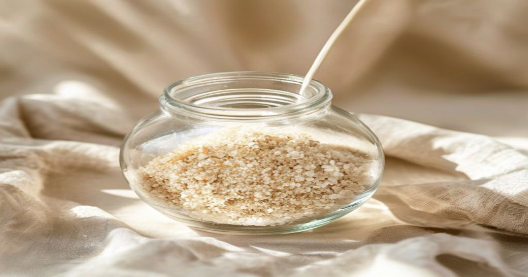 Garlic powder supplement in jar with measuring spoon, showing texture and serving size