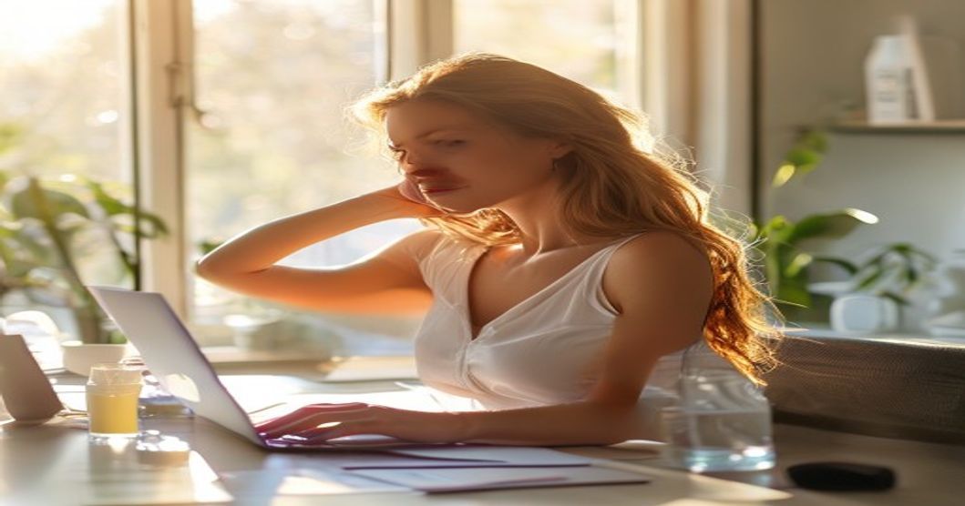 woman at desk doing shoulder stretch with multivitamin bottle nearby