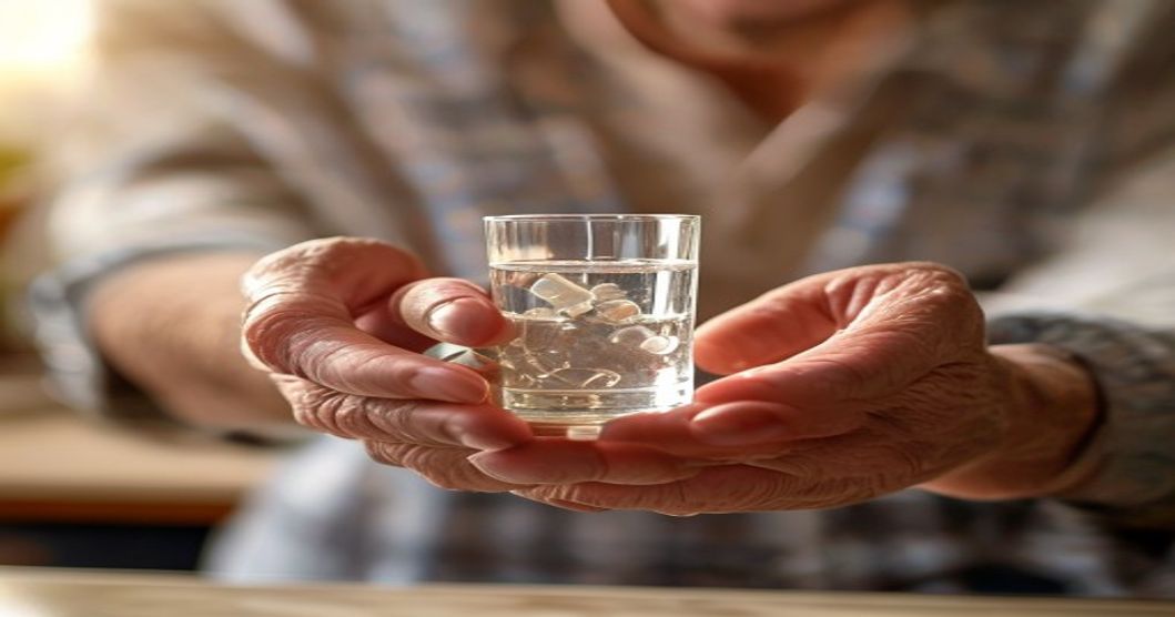 Mature man taking a daily multivitamin supplement with water at home.