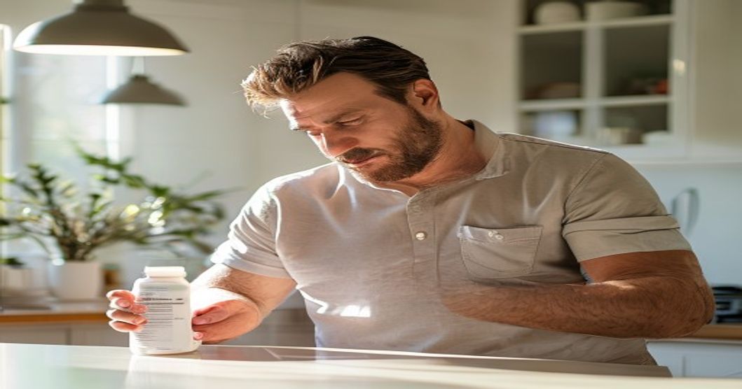 Vegetarian man reading multivitamin label to check iron and B12 content before taking a daily supplement.