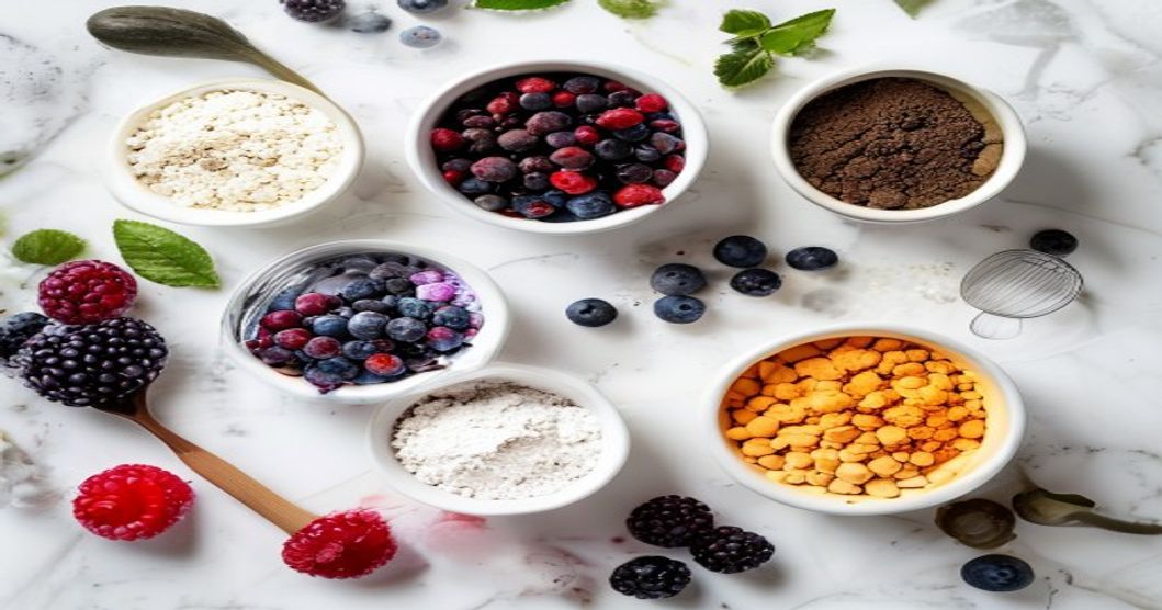 Comparison of different protein powder types and flavors on marble surface