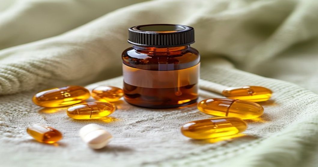 Vitamin D supplement forms comparison: liquid drops, softgels, and measuring tools on natural fabric