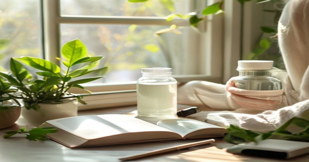 Daily ashwagandha routine integrated into morning wellness habit with journal and water