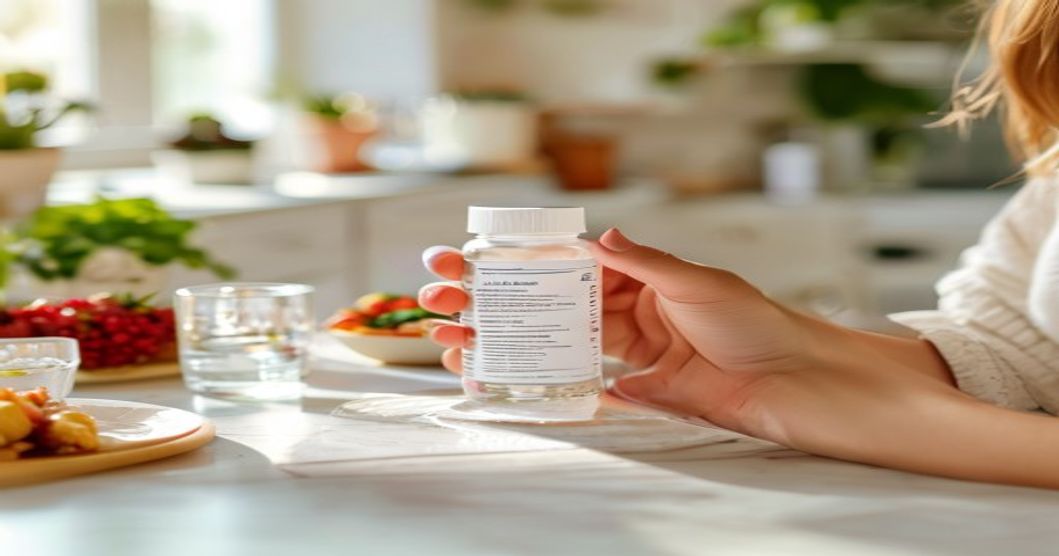 Reading nutrition label on multivitamin bottle to check iron and calcium content
