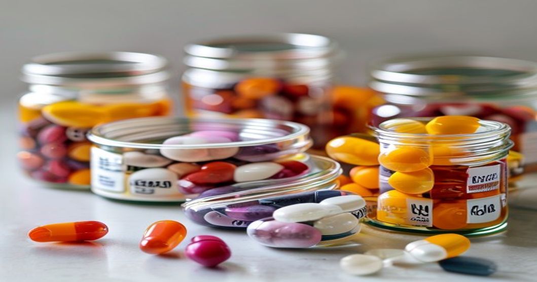 Detailed view of various supplement capsules and tablets showing joint support and energy nutrient types for men 40-50.