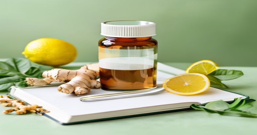 Digestive health and immune support supplement setup with water and natural ingredients