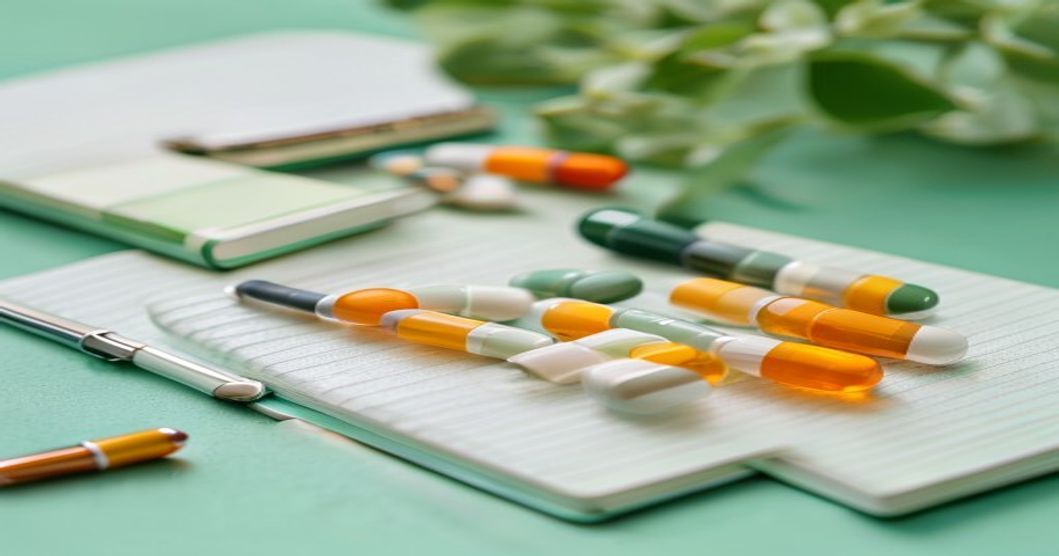 different types of multivitamin and joint support capsules arranged on calm background