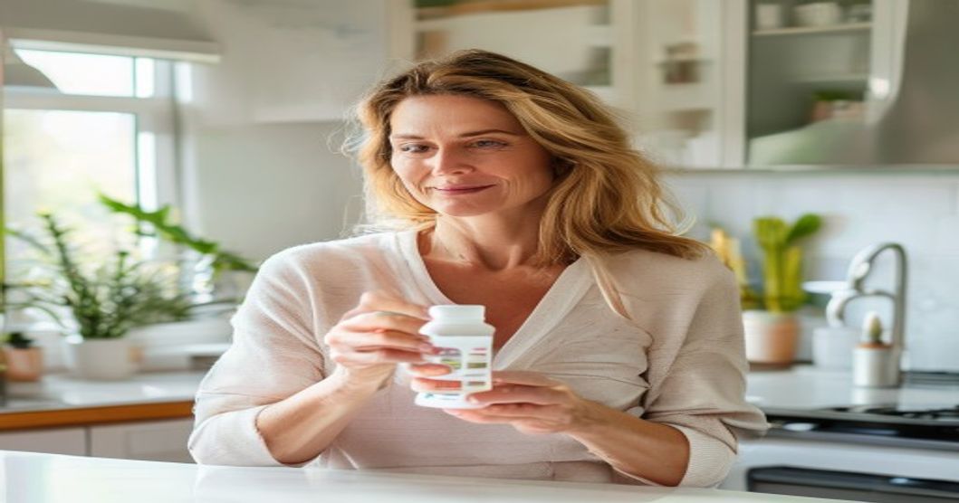 Woman reading multivitamin label to understand formula for perimenopause energy and bone support