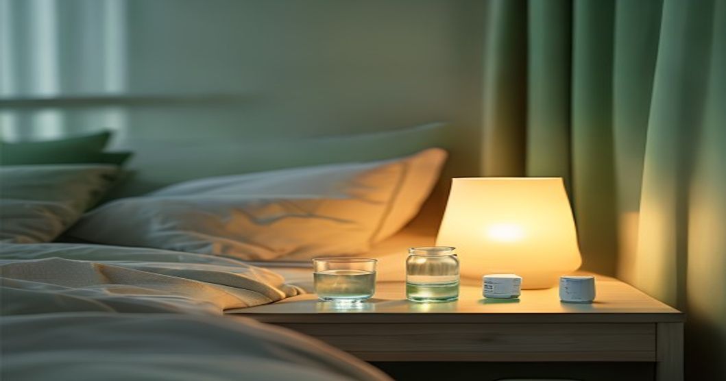 magnesium supplement for sleep placed on a nightstand in a calm bedroom setting