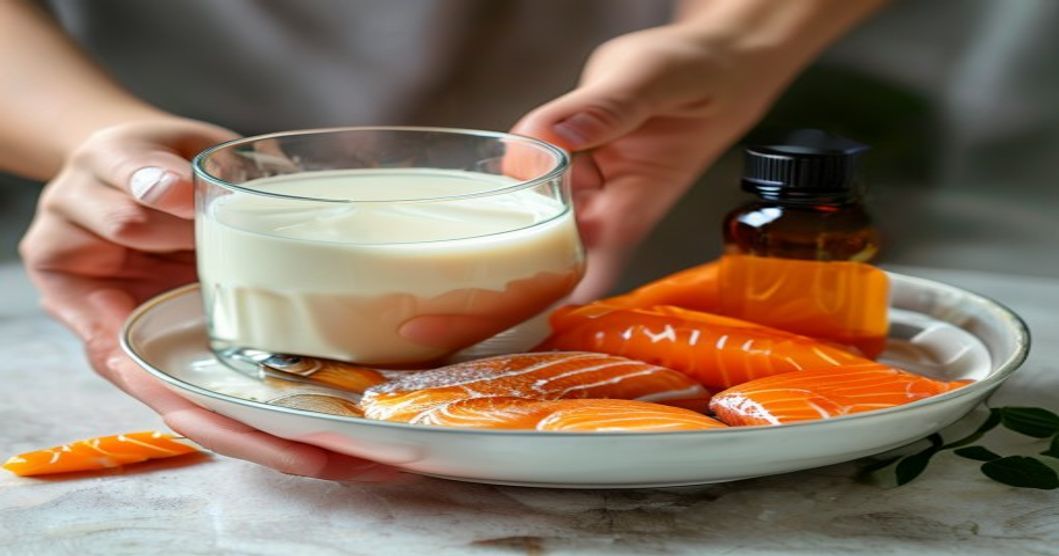 Vitamin D sources for bone health: milk, fish, and supplements side by side
